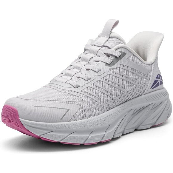 Women's Light Grey Purple Walking Shoes Comfort Breathable Non-Slip Gym Sneaker - Picture 1 of 8